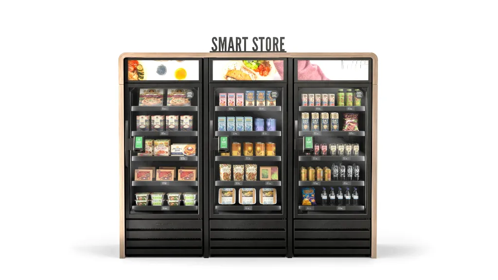 MicroMart smart market with wood enclosure inside a modern office breakroom